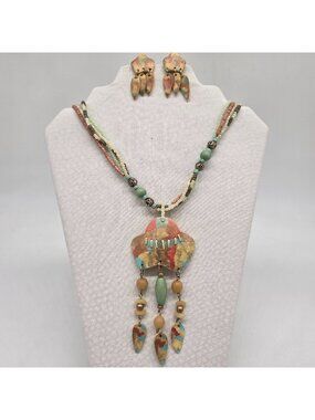 Handcrafted Multicolor Beaded Necklace & Earrings Wooden & Glass Beads